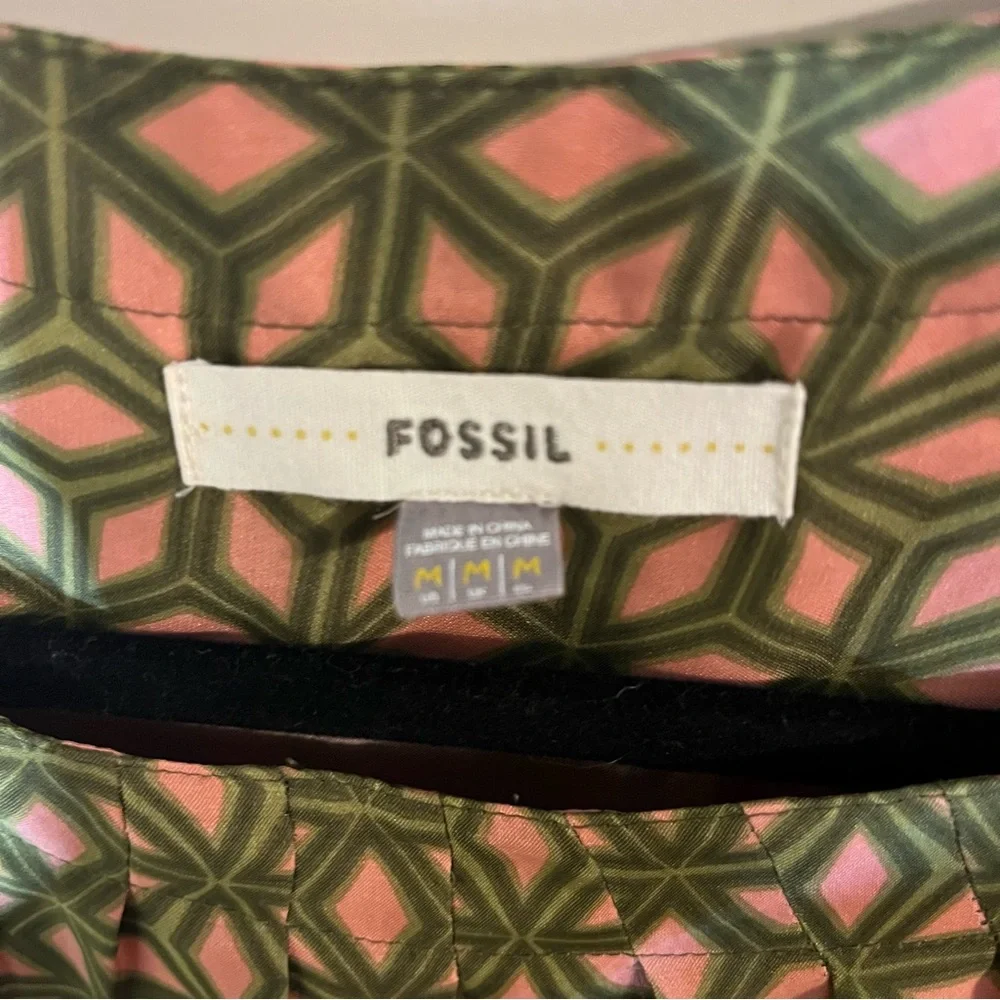 Retro Fossil A-Line Dress | Mid Century Mod Pink Green Geometric Pattern Size M
